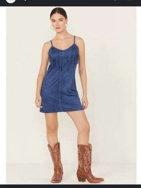 Idyllwind fueled Miranda Lambert Blue Fringe faux Suede Mini Dress Studded M🕰️